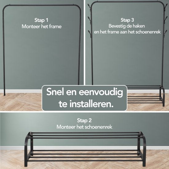 Brixy Kleiderständer - Garderobenständer - 102x34x152cm - Kleiderständer mit Schuhregal - Industriell - Metall - Schwarz