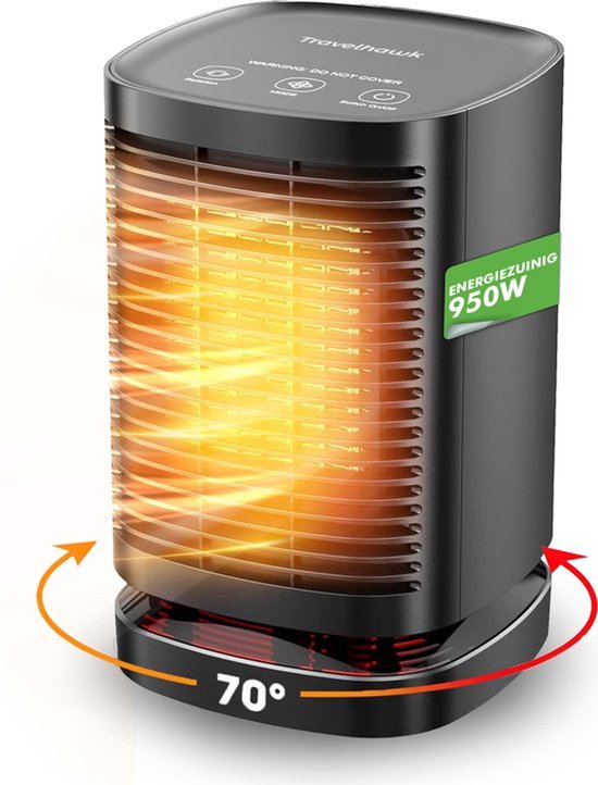 Travelhawk Elektroheizgerät - Keramikheizgerät - 3 Stufen - 950W Heizgerät - Elektroheizgerät mit LED-Anzeige - Rotierend - Schwarz