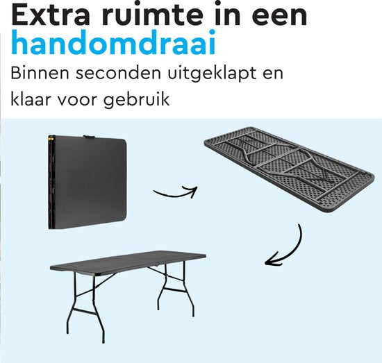 BRASQ Zusammenklappbarer Klapptisch Schwarz - 180x70x74cm- Campingtisch - Klapptisch - Wetterfest - Tisch mit Tragegriff