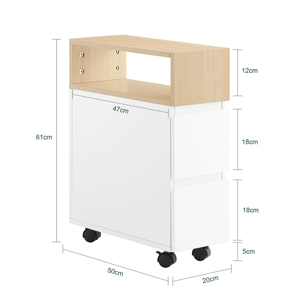 SoBuy FBT155-WN Nachttisch auf Rollen 50x20x61 cm Weiß/Holz mit 1 offenen Fach und 2 Schubladen