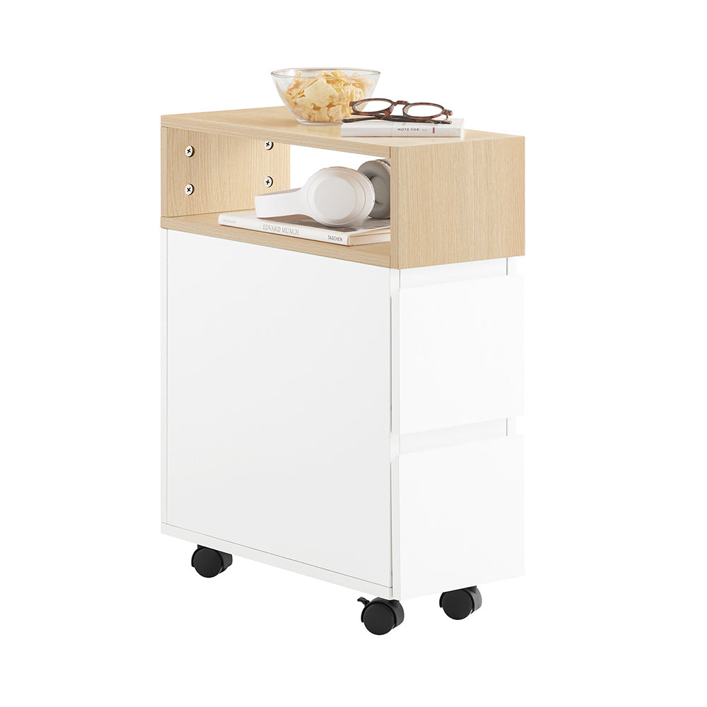SoBuy FBT155-WN Nachttisch auf Rollen 50x20x61 cm Weiß/Holz mit 1 offenen Fach und 2 Schubladen