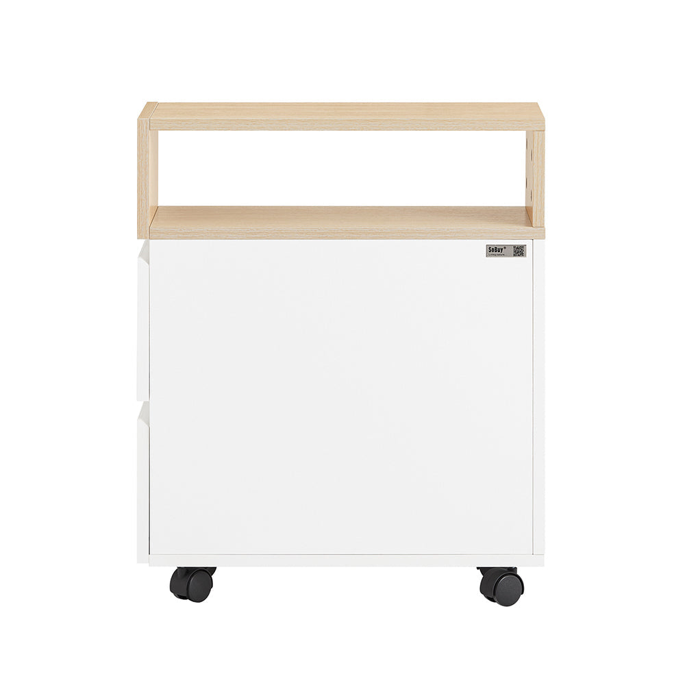 SoBuy FBT155-WN Nachttisch auf Rollen 50x20x61 cm Weiß/Holz mit 1 offenen Fach und 2 Schubladen