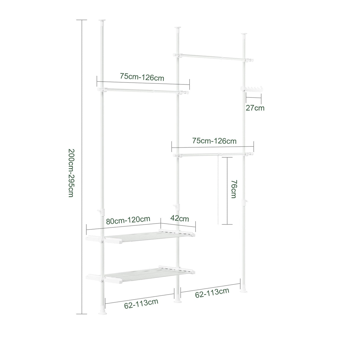 SoBuy FRG34-II-W Verstellbarer Teleskop-Kleiderständer Weiß - 147-195 x 200-295 cm - Offener Kleiderschrank mit Stangen und Fachböden