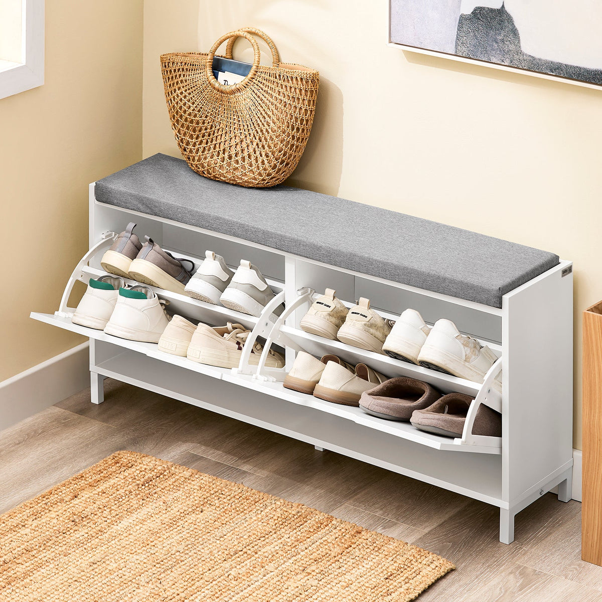 sobuy Schuhschrank Schuhbank FSR151-L-W - 105 x 24 x 52 cm - weiß mit grauem Polster