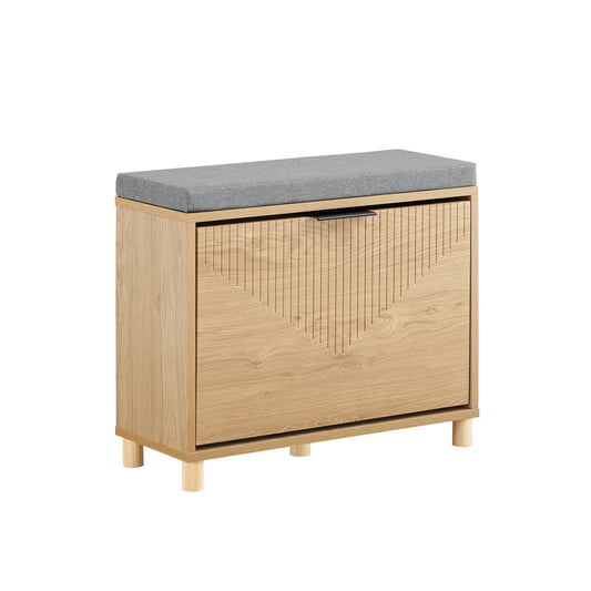 SoBuy FSR199-N Schuhbank mit Ablage und gepolstertem Kissen, Grau und helles Holz, 60 x 24 x 50 cm