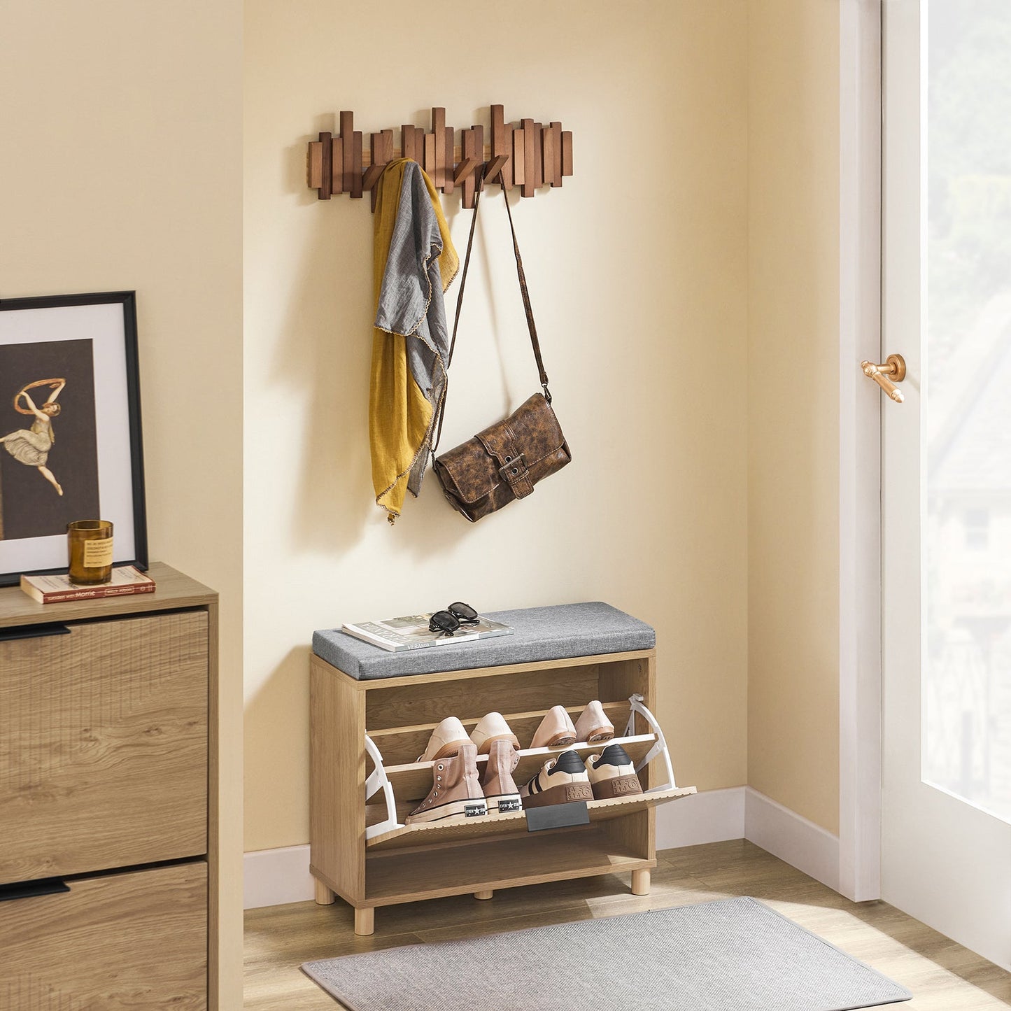 SoBuy FSR199-N Schuhbank mit Ablage und gepolstertem Kissen, Grau und helles Holz, 60 x 24 x 50 cm