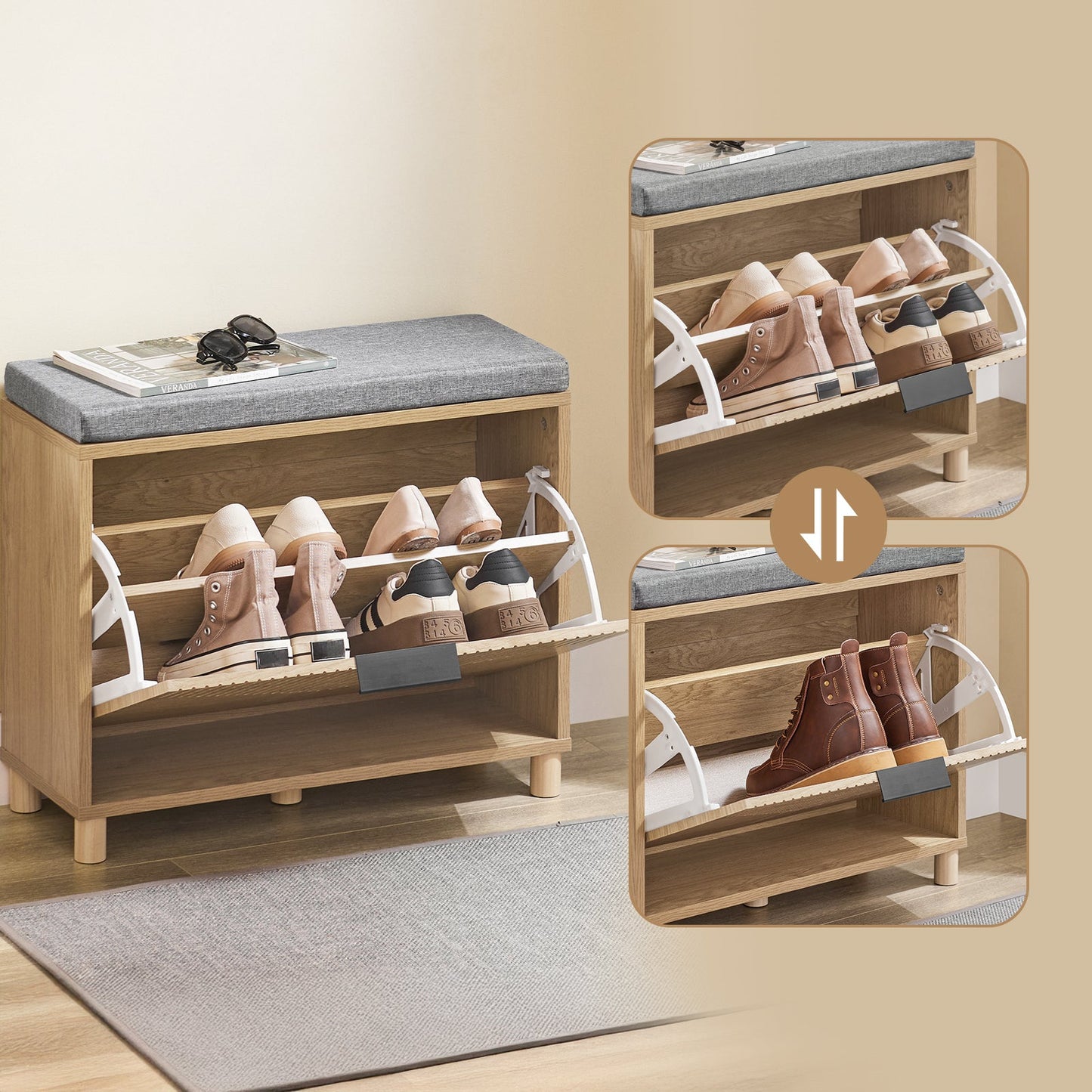 SoBuy FSR199-N Schuhbank mit Ablage und gepolstertem Kissen, Grau und helles Holz, 60 x 24 x 50 cm