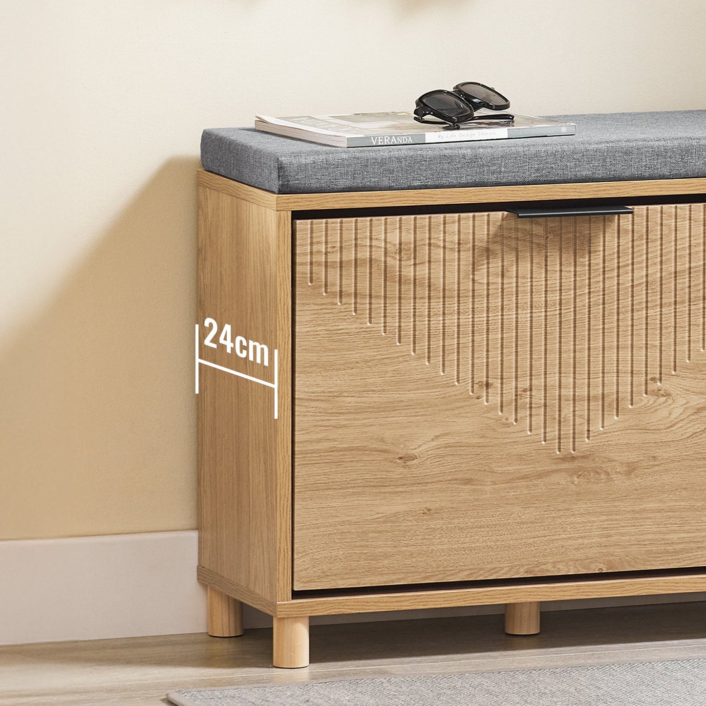 SoBuy FSR199-N Schuhbank mit Ablage und gepolstertem Kissen, Grau und helles Holz, 60 x 24 x 50 cm