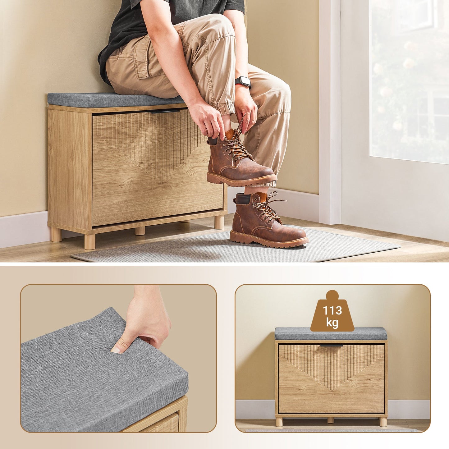 SoBuy FSR199-N Schuhbank mit Ablage und gepolstertem Kissen, Grau und helles Holz, 60 x 24 x 50 cm