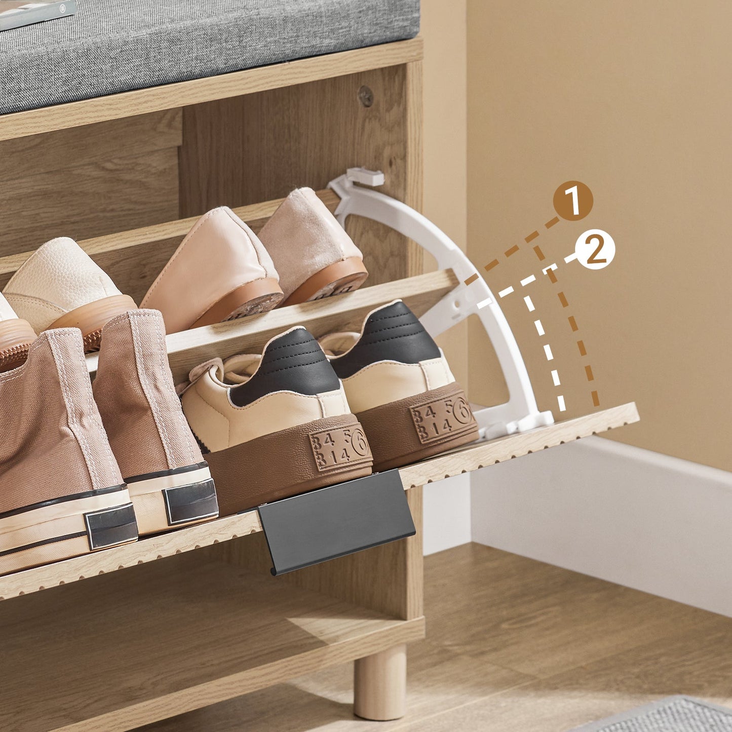 SoBuy FSR199-N Schuhbank mit Ablage und gepolstertem Kissen, Grau und helles Holz, 60 x 24 x 50 cm