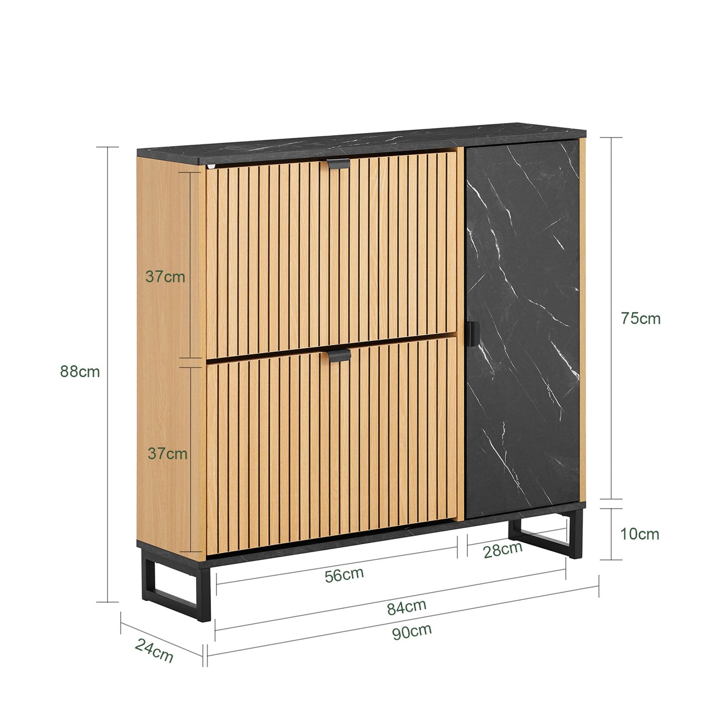 SoBuy Schmaler Eingangs-Schuhschrank - 2 Klappen und Seitentür - 90 x 24 x 88 cm - Skandinavisches Design - Kompakt - Schwarz/helles Holz