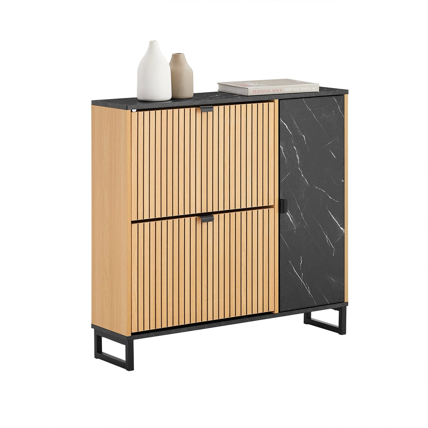 SoBuy Schmaler Eingangs-Schuhschrank - 2 Klappen und Seitentür - 90 x 24 x 88 cm - Skandinavisches Design - Kompakt - Schwarz/helles Holz