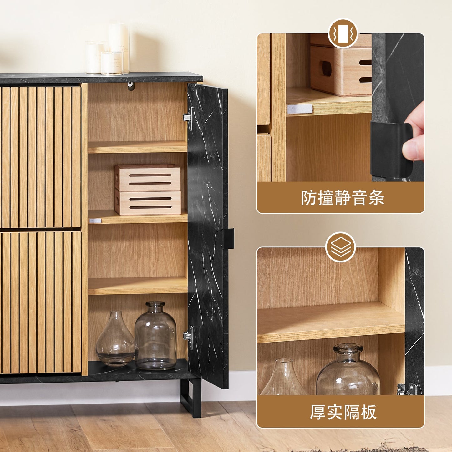 SoBuy Schmaler Eingangs-Schuhschrank - 2 Klappen und Seitentür - 90 x 24 x 88 cm - Skandinavisches Design - Kompakt - Schwarz/helles Holz