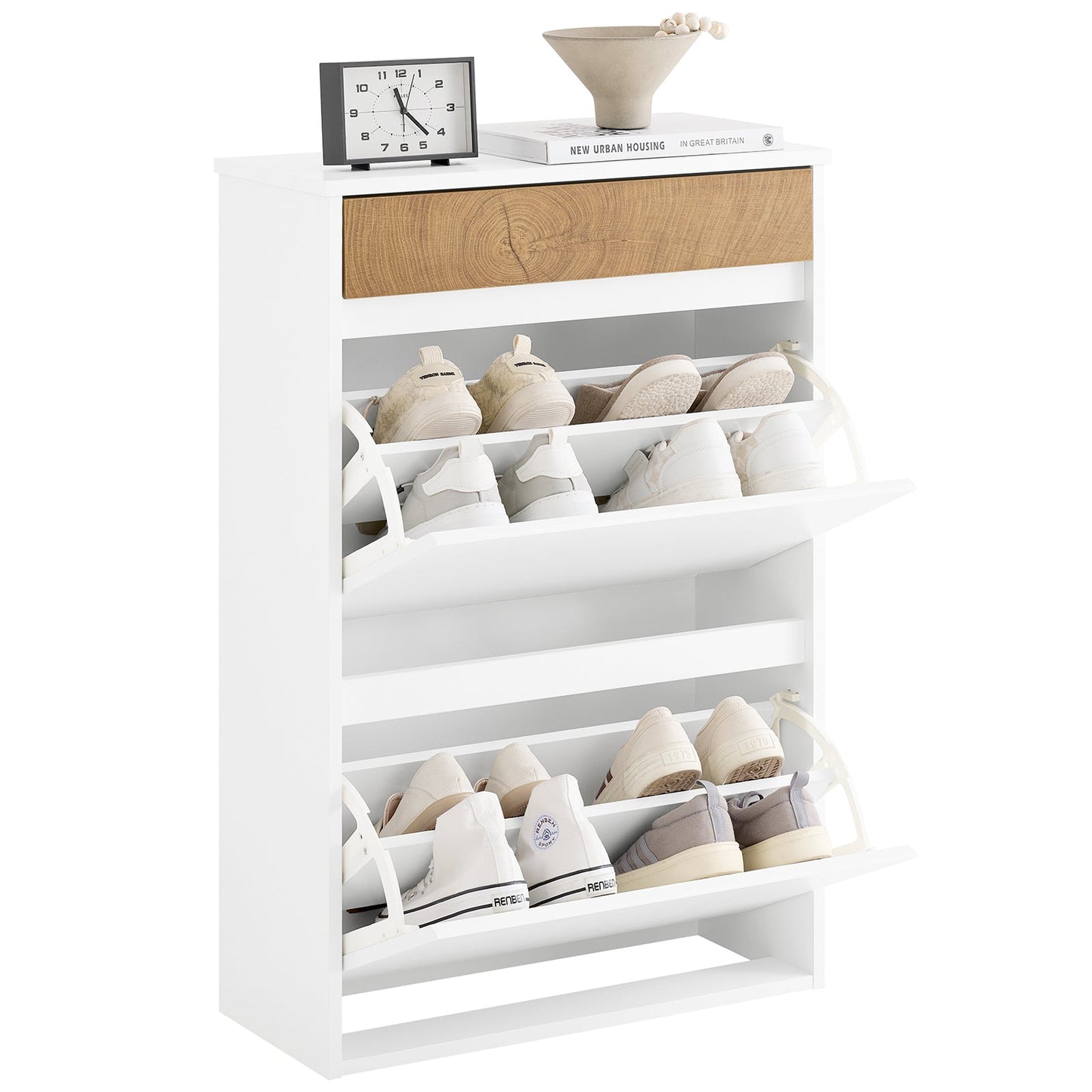 SoBuy Schuhregal - Für Eingang - Holz - 61 x 26 x 91 cm - Kompakt - Mit Schublade und Kipptüren - Skandinavisches Design - Weiß