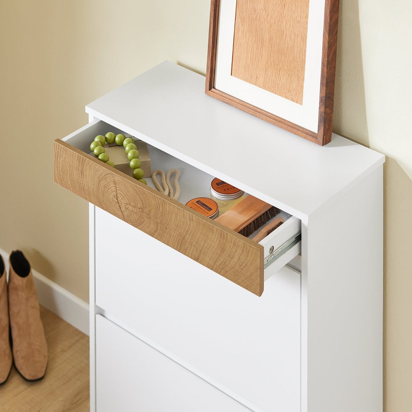 SoBuy Schuhregal - Für Eingang - Holz - 61 x 26 x 91 cm - Kompakt - Mit Schublade und Kipptüren - Skandinavisches Design - Weiß