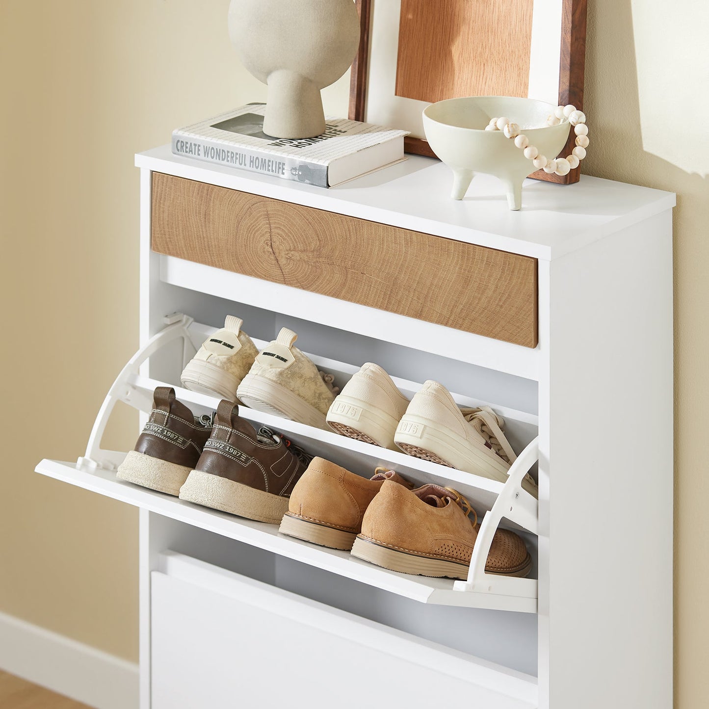 SoBuy Schuhregal - Für Eingang - Holz - 61 x 26 x 91 cm - Kompakt - Mit Schublade und Kipptüren - Skandinavisches Design - Weiß