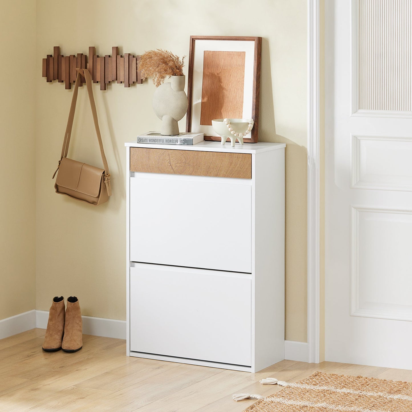 SoBuy Schuhregal - Für Eingang - Holz - 61 x 26 x 91 cm - Kompakt - Mit Schublade und Kipptüren - Skandinavisches Design - Weiß