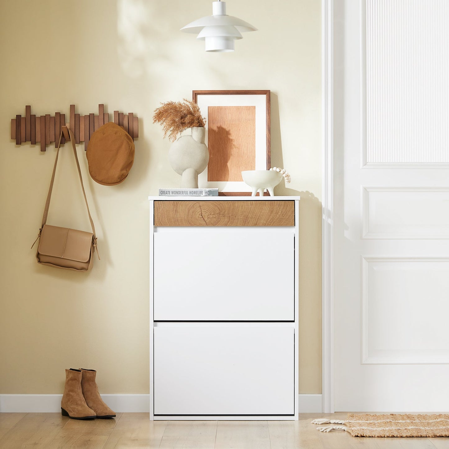 SoBuy Schuhregal - Für Eingang - Holz - 61 x 26 x 91 cm - Kompakt - Mit Schublade und Kipptüren - Skandinavisches Design - Weiß