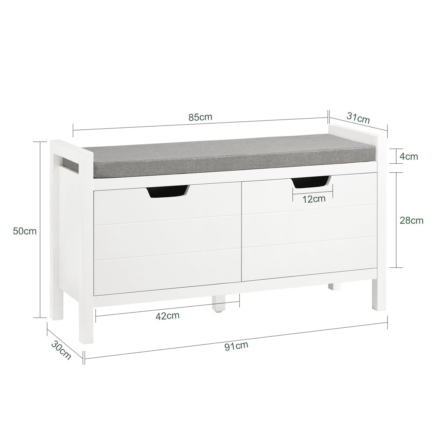 SoBuy FSR63-II-W Aufbewahrungsbank 91x30x50 cm, Weiß, niedrige Eingangsmöbel mit weichem Kissen und 2 Türen
