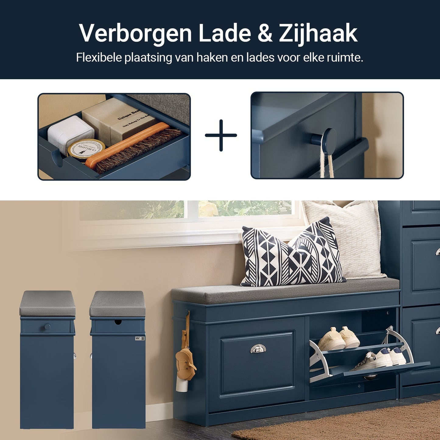 SoBuy Schuhschrank & Schuhbank Flur - 2 Klappen - Mit abnehmbarem Kissen - Schmaler Flur - Lackiertes Holz - L104 x T24 x H51 cm - Blau