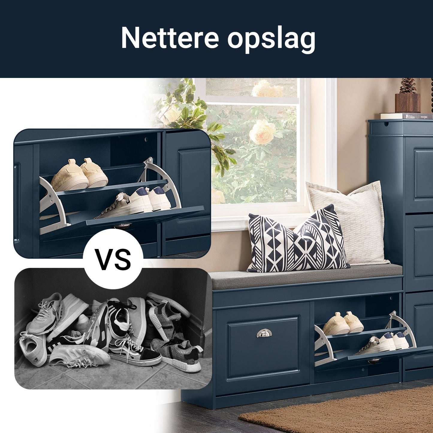 SoBuy Schuhschrank & Schuhbank Flur - 2 Klappen - Mit abnehmbarem Kissen - Schmaler Flur - Lackiertes Holz - L104 x T24 x H51 cm - Blau