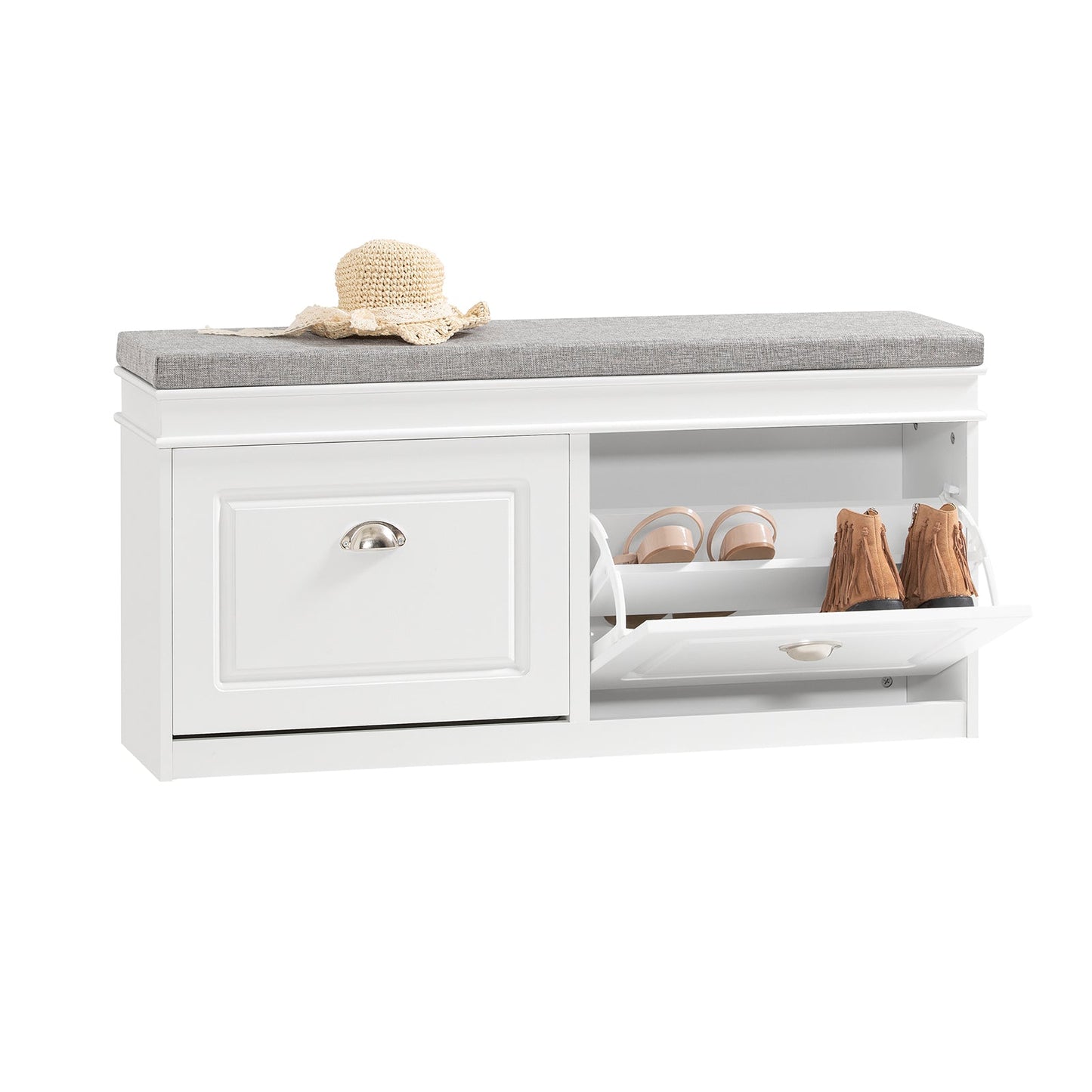 SoBuy Schuhschrank mit Sitzkissen und Klappen - Schmale Schuhbank für den Flur - Weiß - 104 x 24 x 51 cm