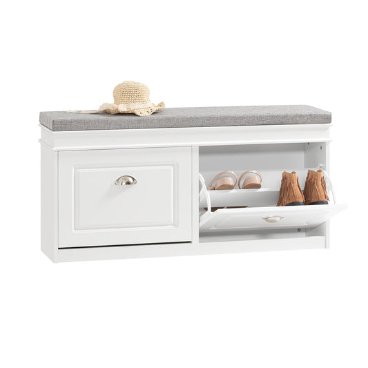 SoBuy Schuhschrank mit Sitzkissen und Klappen - Schmale Schuhbank für den Flur - Weiß - 104 x 24 x 51 cm