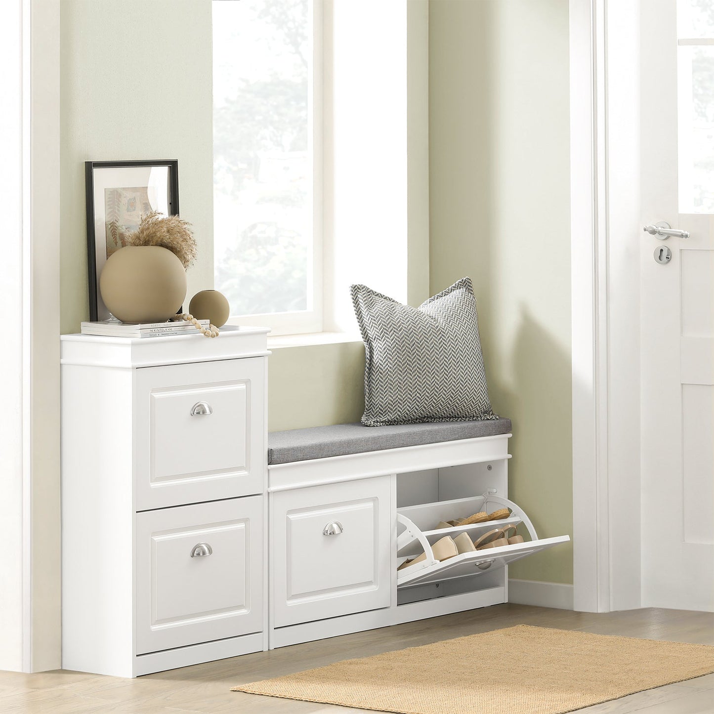 SoBuy Schuhschrank mit Sitzkissen und Klappen - Schmale Schuhbank für den Flur - Weiß - 104 x 24 x 51 cm
