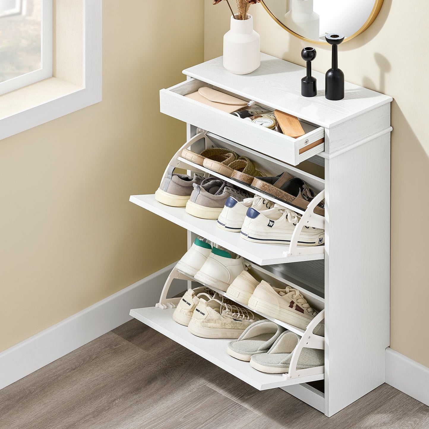 SoBuy FSR78-WG Schuhschrank mit 2 Klappen, 8 Paar, Flur und Eingangsbereich, 54 x 24 x 82 cm, Weiß mit Altholzoptik