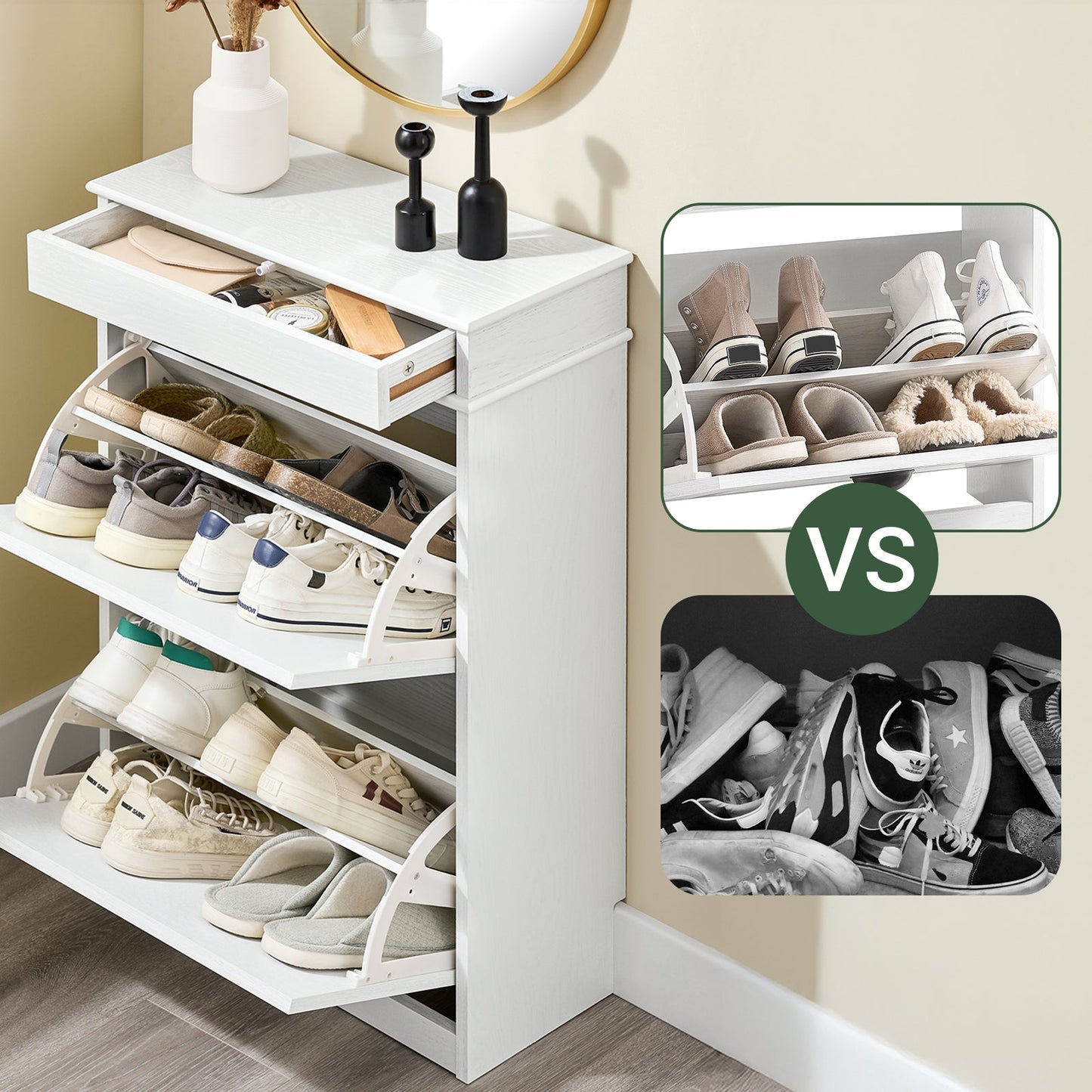 SoBuy FSR78-WG Schuhschrank mit 2 Klappen, 8 Paar, Flur und Eingangsbereich, 54 x 24 x 82 cm, Weiß mit Altholzoptik
