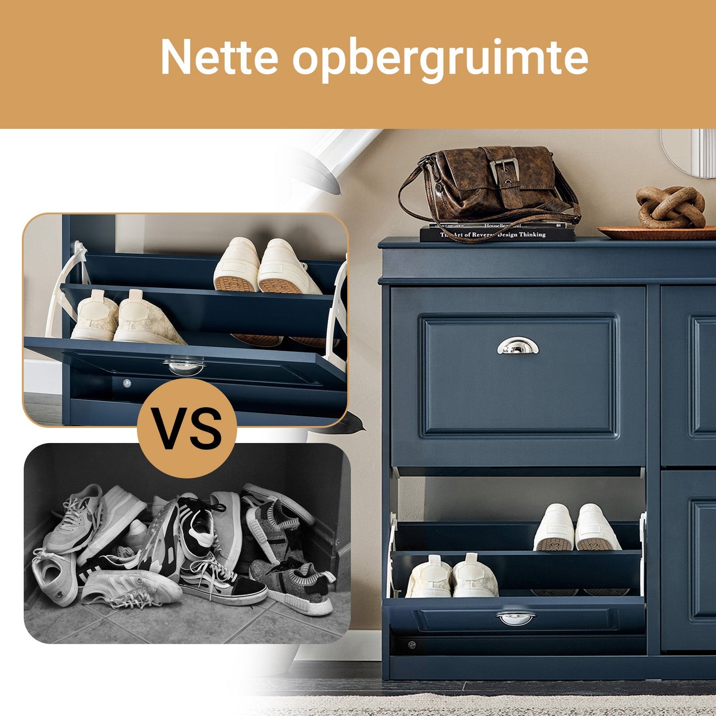 SoBuy Schuhschrank mit 4 Klappen - Schlanker Schuhschrank für Flur und Diele - 105x24x83 cm - Blau
