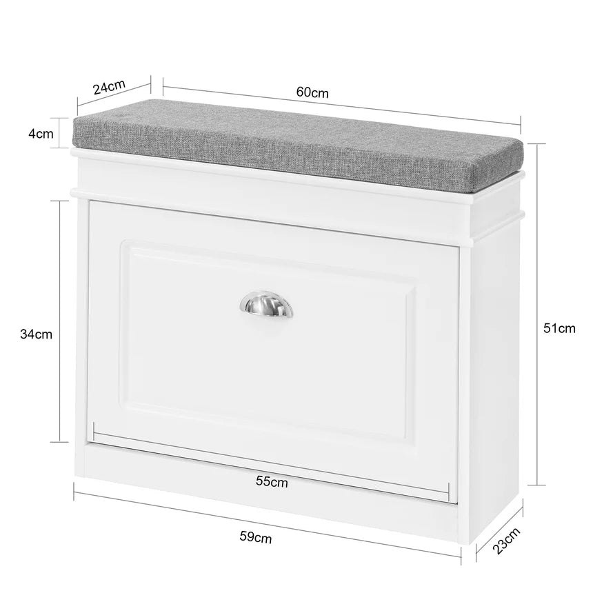 SoBuy - Schuhbank Schuhschrank - 60 x 24 x 51 cm - Mit gepolstertem Sitz und versteckter Lagerung und E1 MDF Konstruktion - Für Flur und Schlafzimmer - Weißes Holz