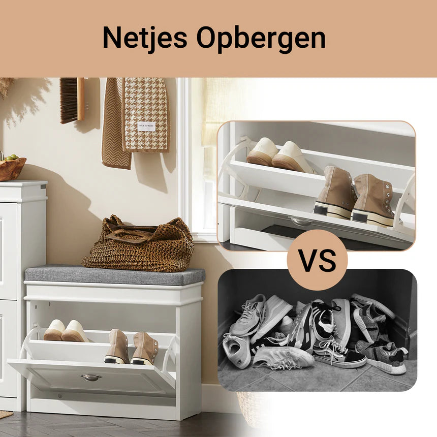 SoBuy - Schuhbank Schuhschrank - 60 x 24 x 51 cm - Mit gepolstertem Sitz und versteckter Lagerung und E1 MDF Konstruktion - Für Flur und Schlafzimmer - Weißes Holz