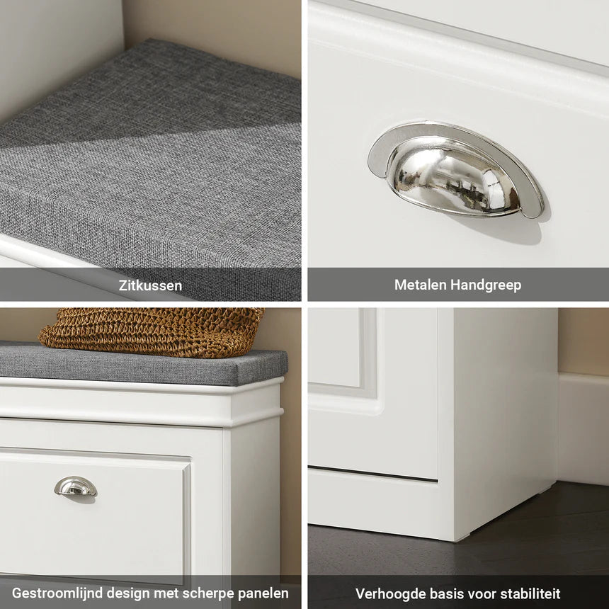 SoBuy - Schuhbank Schuhschrank - 60 x 24 x 51 cm - Mit gepolstertem Sitz und versteckter Lagerung und E1 MDF Konstruktion - Für Flur und Schlafzimmer - Weißes Holz