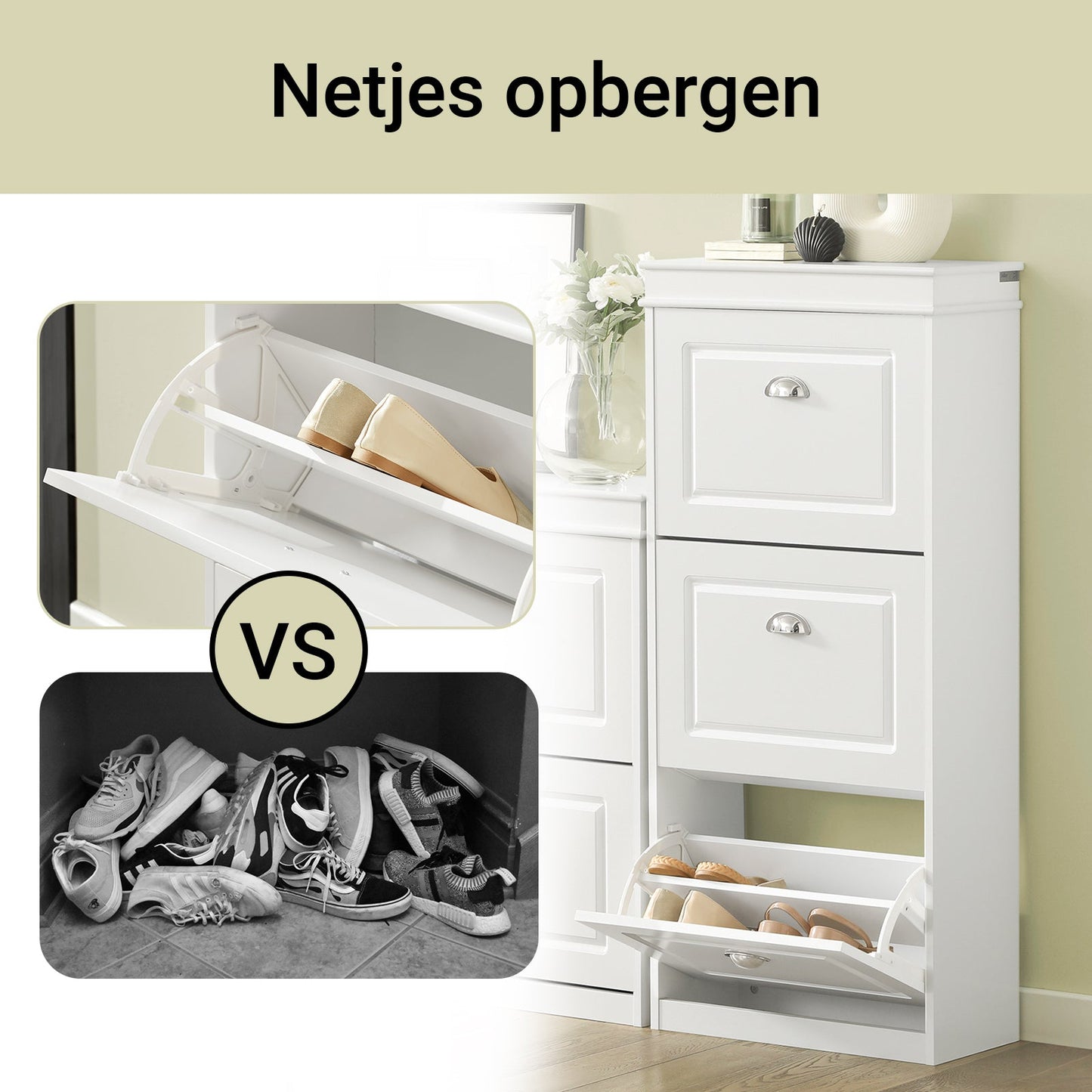 SoBuy Schuhschrank - Mit 3 Klappen - Für Flur und Eingang - Aufbewahrung von bis zu 12 Paar - 53x24x117 cm - Weiß