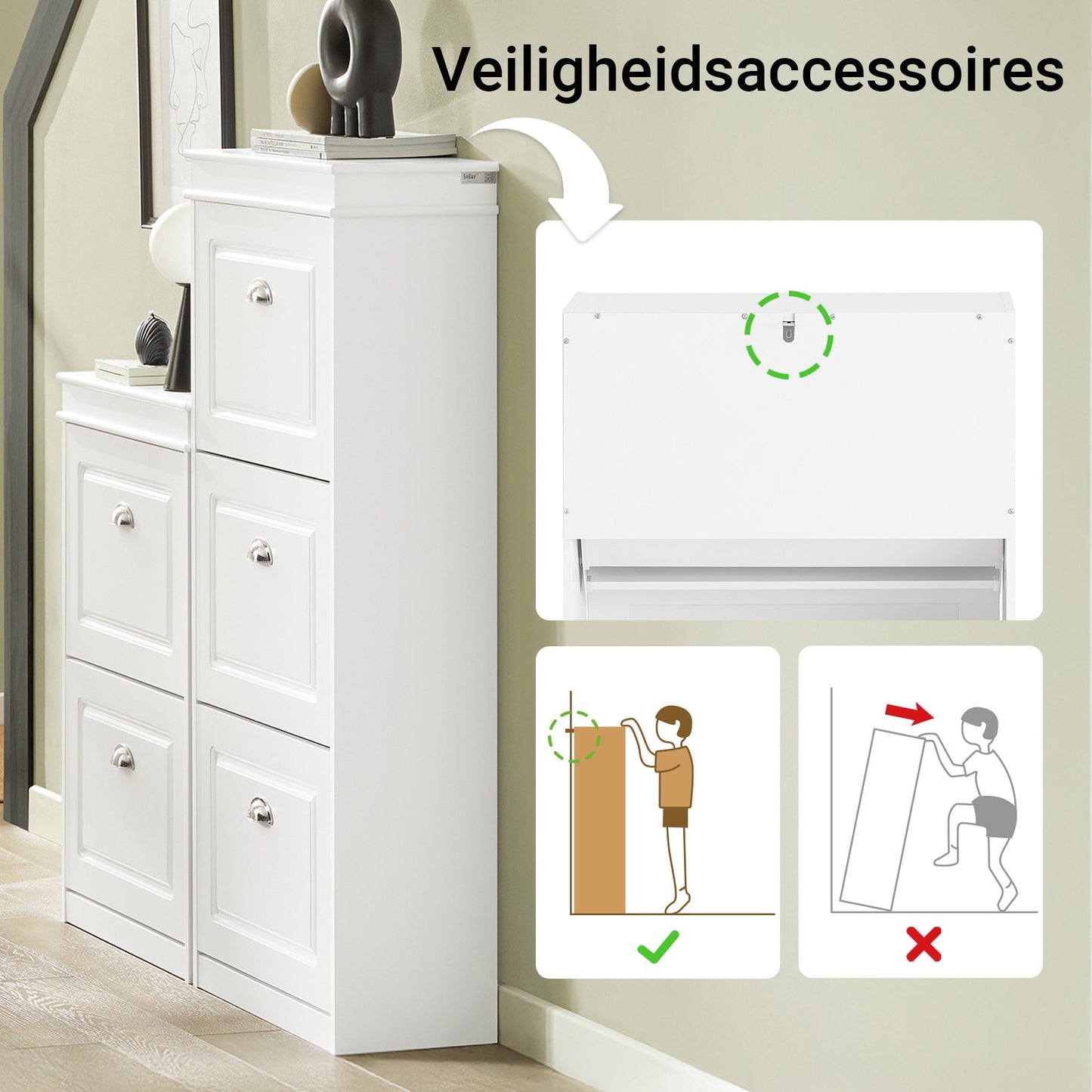 SoBuy Schuhschrank - Mit 3 Klappen - Für Flur und Eingang - Aufbewahrung von bis zu 12 Paar - 53x24x117 cm - Weiß