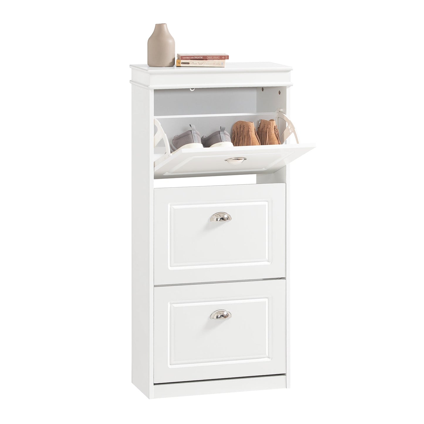 SoBuy Schuhschrank - Mit 3 Klappen - Für Flur und Eingang - Aufbewahrung von bis zu 12 Paar - 53x24x117 cm - Weiß