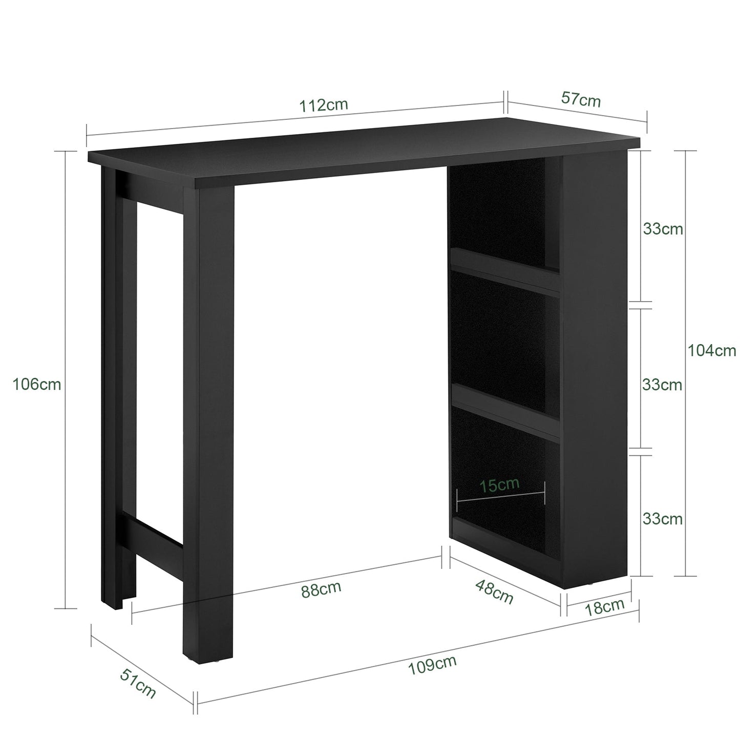 SoBuy FWT17-II-SCH Hoher Küchentisch - Stehender Bartisch mit Ablageflächen für kleine Räume - Schwarz - 112 x 57 x 106 cm