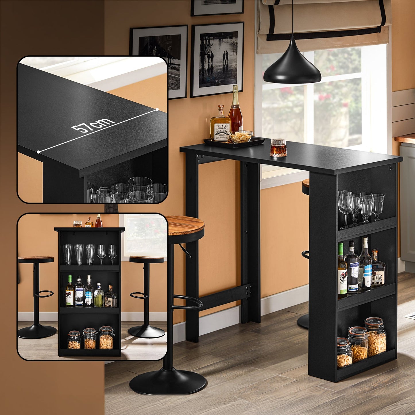 SoBuy FWT17-II-SCH Hoher Küchentisch - Stehender Bartisch mit Ablageflächen für kleine Räume - Schwarz - 112 x 57 x 106 cm