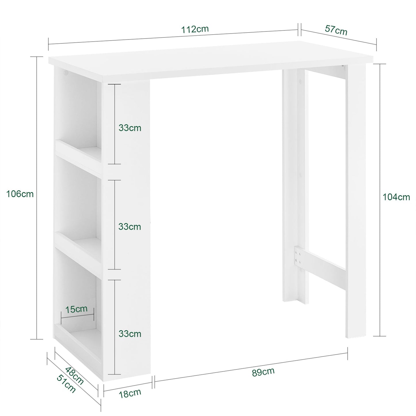 SoBuy FWT17-II-W Bartisch mit Ablage – Hoher Küchentisch / Stehtisch – 112 × 57 × 106 cm – Weiß