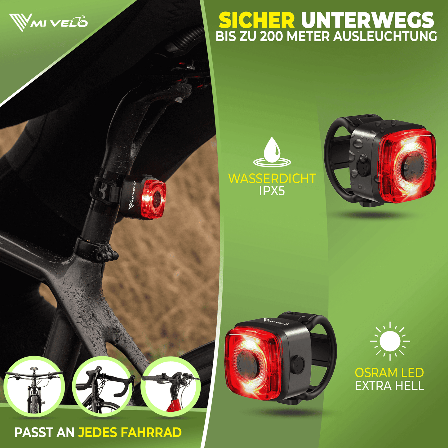 MIVELO Fahrradbeleuchtungsset Cube One LED - USB wiederaufladbar - StVZO geprüft
