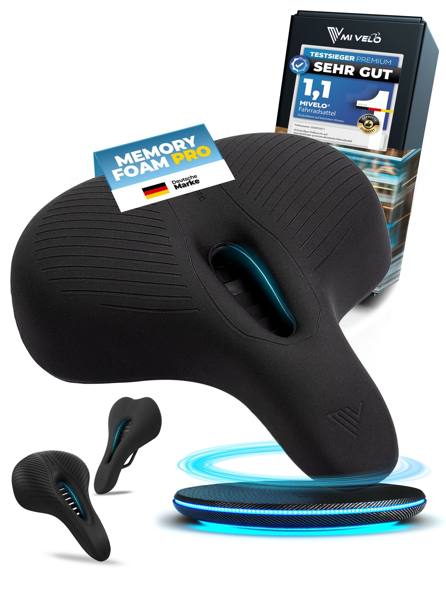 MIVELO Comfort Pro Fahrradsattel - Memory Foam - Ergonomisch - 100% Wasserdicht - Schwarz