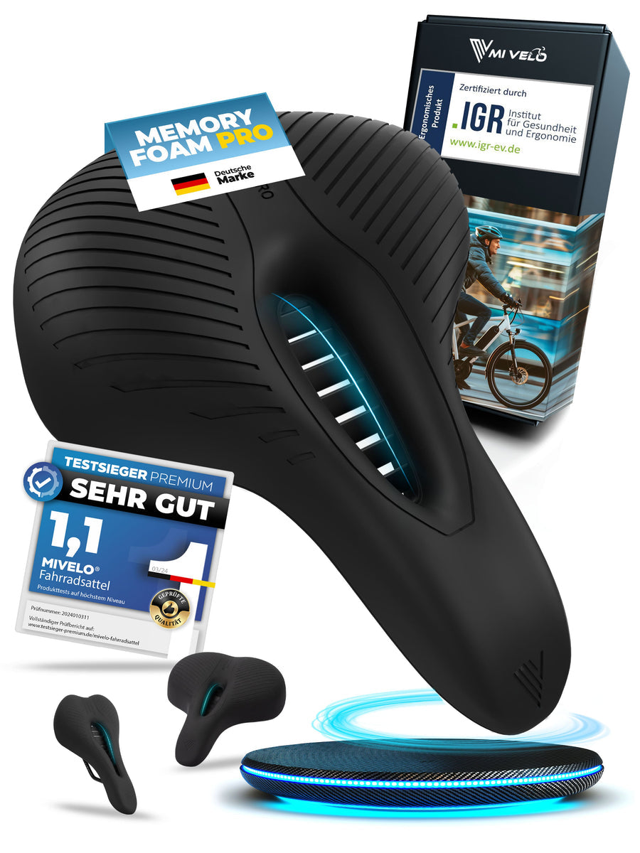 MIVELO Comfort Pro Fahrradsattel – Ergonomisch – 100 % Wasserdicht – 28 x 17,5 cm – Tragkraft 120 kg – Schwarz