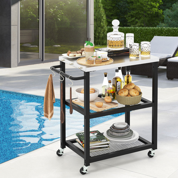 Coast Servierwagen für draußen - 3-lagig - auf Rädern - Edelstahl - Max. 75 kg - 73 x 41 x 81 cm - Schwarz/Silber
