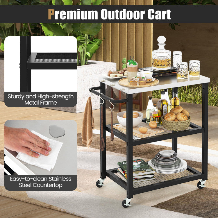 Coast Servierwagen für draußen - 3-lagig - auf Rädern - Edelstahl - Max. 75 kg - 73 x 41 x 81 cm - Schwarz/Silber