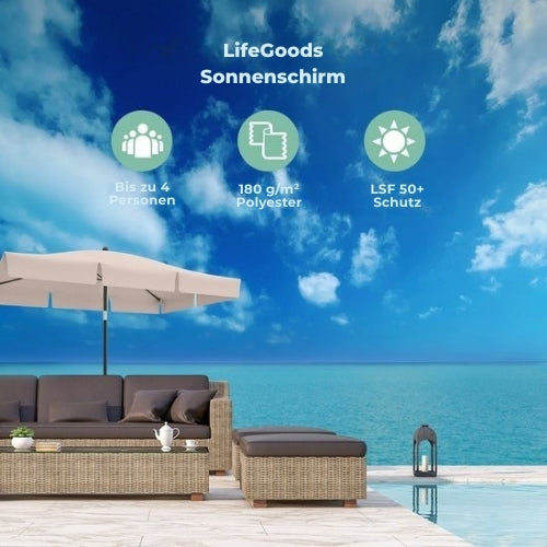 LifeGoods Sonnenschirm - 200x125cm - 30° neigbar - Wasserdicht - Mit Bezug - Taupe