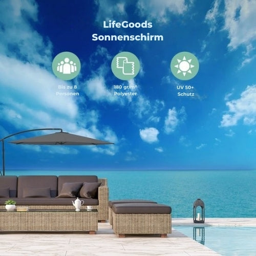 LifeGoods Schwebender Sonnenschirm - Bis zu 8 Personen - ⌀300cm - Wasserdicht - Mit Abdeckung und Kreuzfuß - Garten oder Strand - Dunkelgrau
