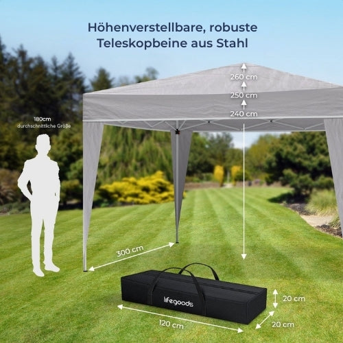 LifeGoods Partyzelt - Pavillon - 3x3 m - leicht aufbaubar - faltbar - wasserdicht - Tragetasche mit Rädern - grau