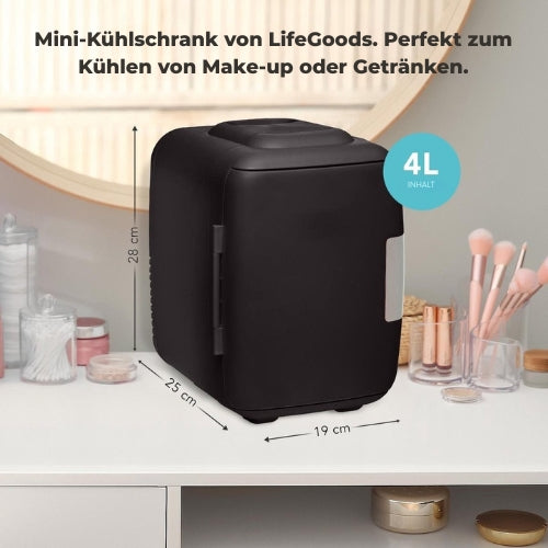 LifeGoods Mini-Kühlschrank - 4 Liter - 100/240V / 12V - Auto-Stecker - Schwarz
