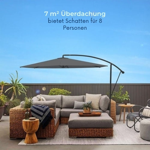 LifeGoods Schwebender Sonnenschirm - Bis zu 8 Personen - ⌀300cm - Wasserdicht - Mit Abdeckung und Kreuzfuß - Garten oder Strand - Dunkelgrau